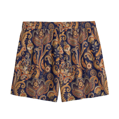Gold And Blue Paisley Pattern Print Mesh Shorts