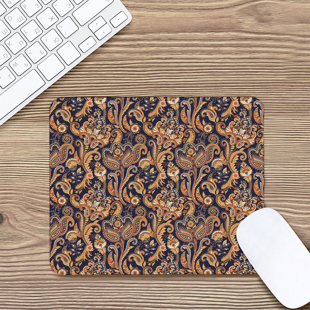 Gold And Blue Paisley Pattern Print Mouse Pad