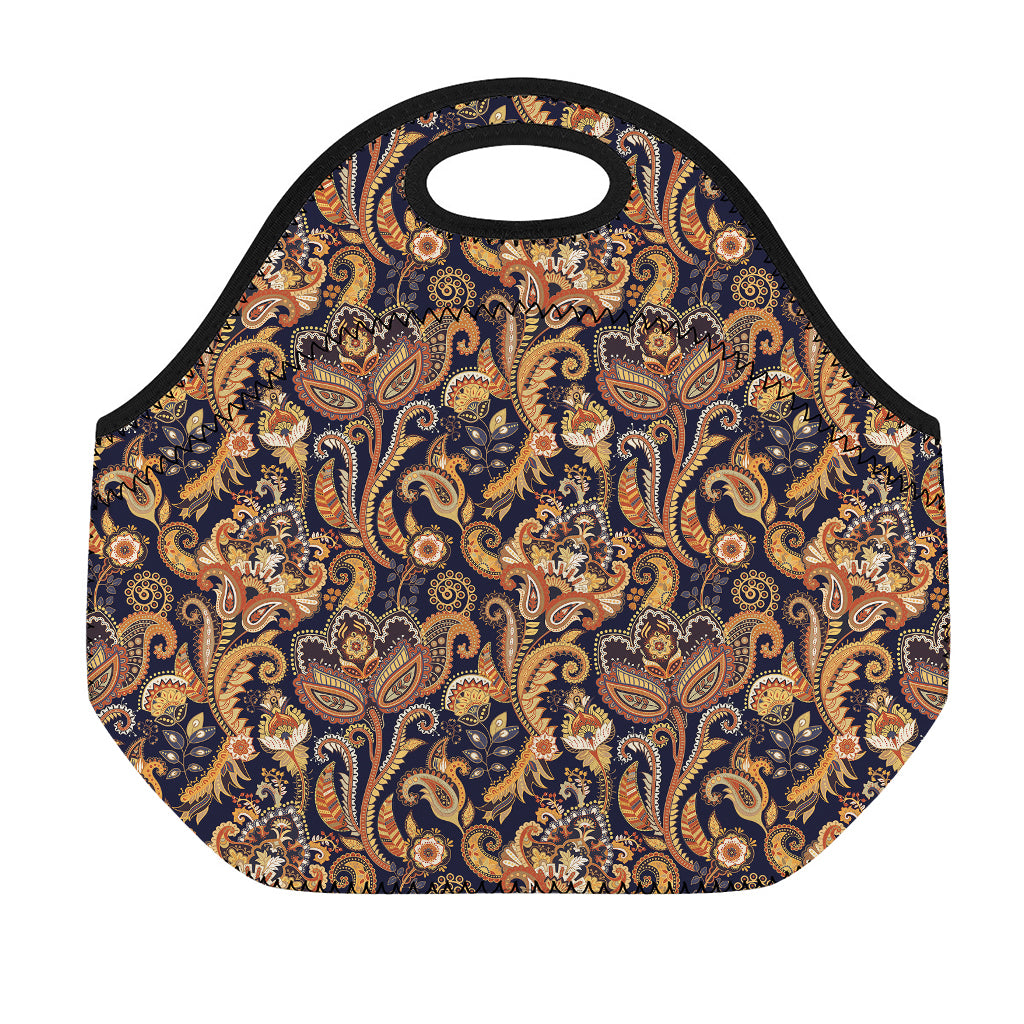 Gold And Blue Paisley Pattern Print Neoprene Lunch Bag