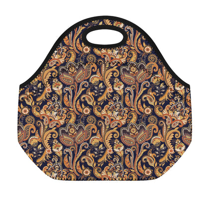 Gold And Blue Paisley Pattern Print Neoprene Lunch Bag