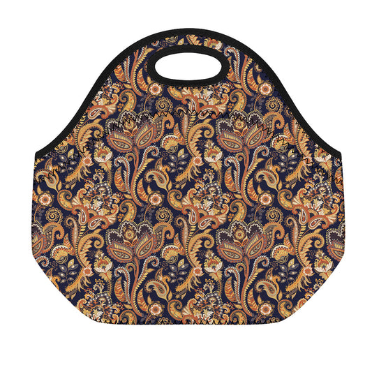 Gold And Blue Paisley Pattern Print Neoprene Lunch Bag