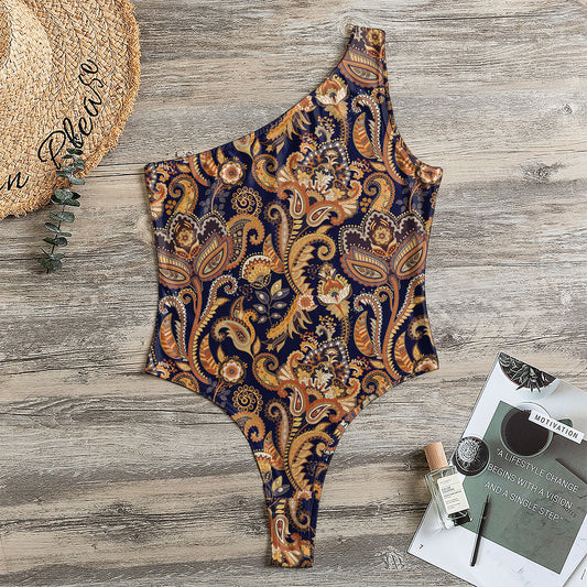Gold And Blue Paisley Pattern Print One Shoulder Bodysuit