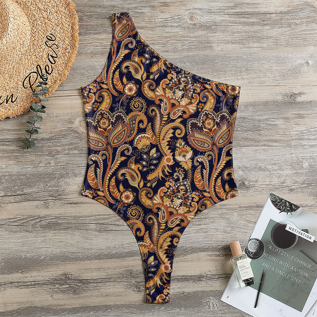 Gold And Blue Paisley Pattern Print One Shoulder Bodysuit