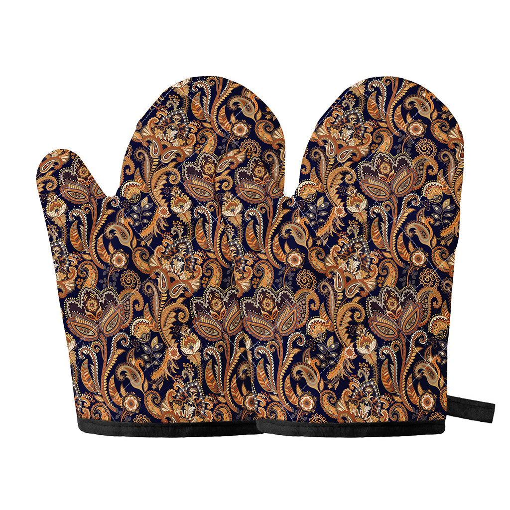 Gold And Blue Paisley Pattern Print Oven Mitts