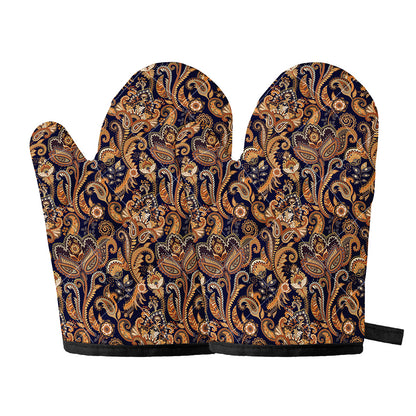 Gold And Blue Paisley Pattern Print Oven Mitts