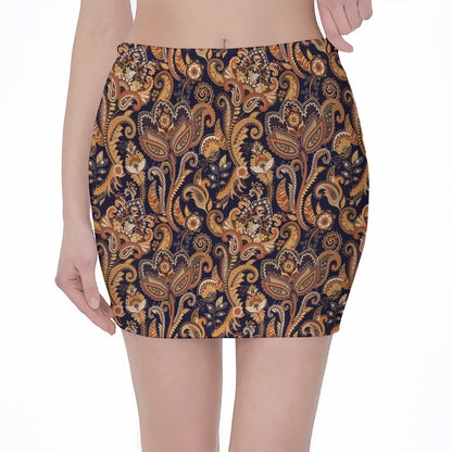 Gold And Blue Paisley Pattern Print Pencil Mini Skirt