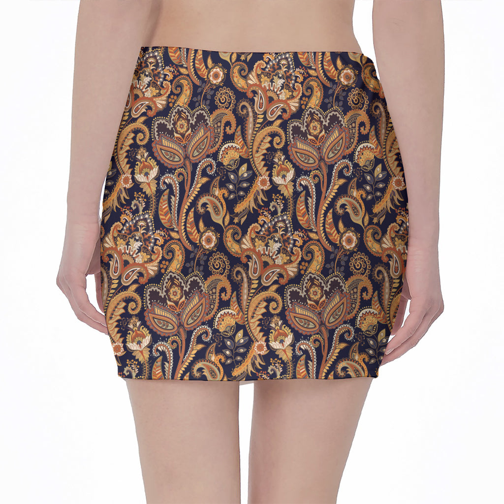 Gold And Blue Paisley Pattern Print Pencil Mini Skirt