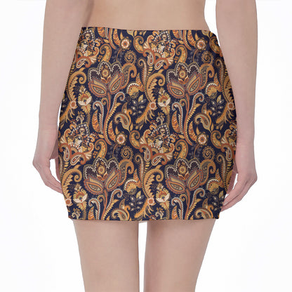 Gold And Blue Paisley Pattern Print Pencil Mini Skirt