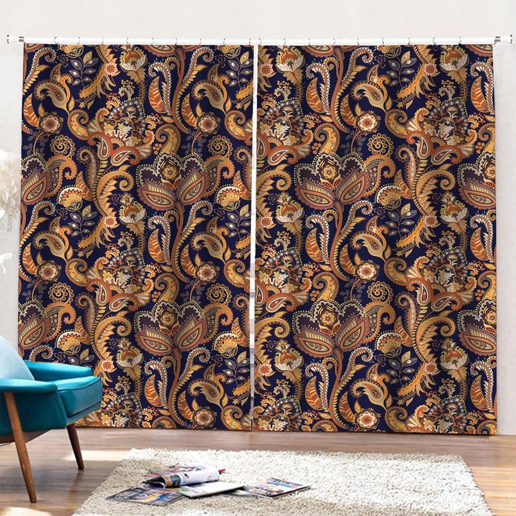 Gold And Blue Paisley Pattern Print Pencil Pleat Curtains