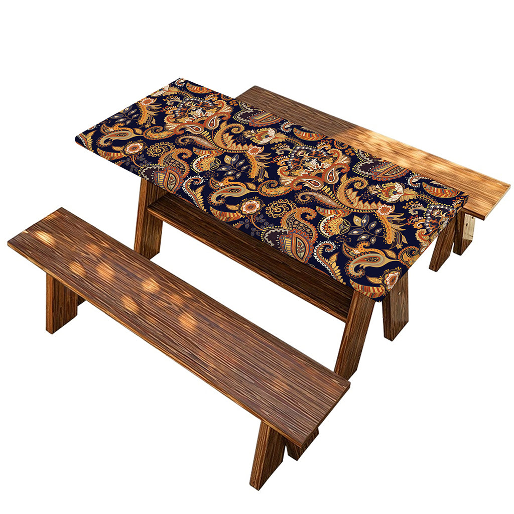 Gold And Blue Paisley Pattern Print Picnic Table Cover