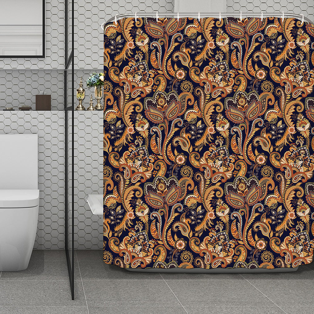 Gold And Blue Paisley Pattern Print Polyester Shower Curtain