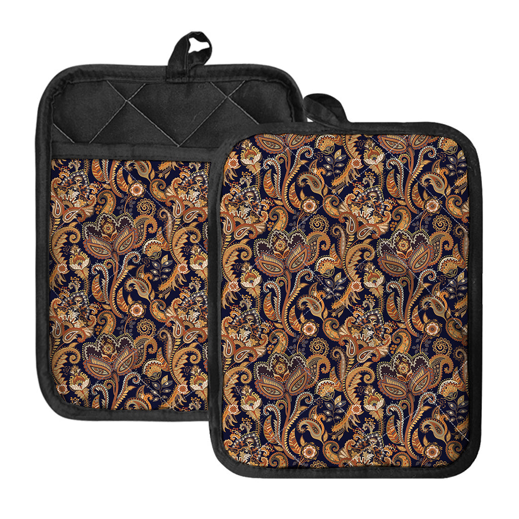 Gold And Blue Paisley Pattern Print Pot Holders With Pocket