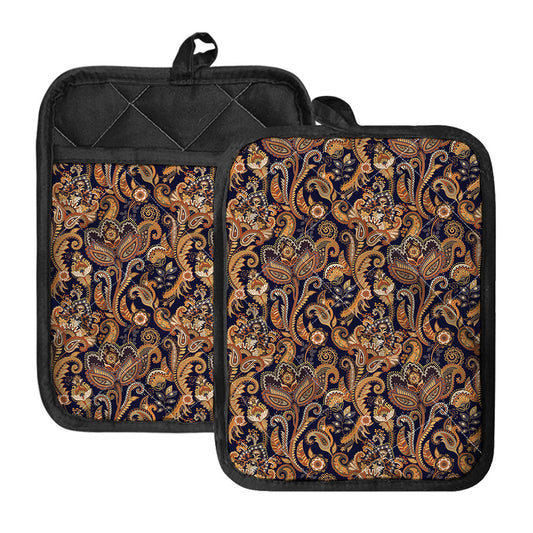 Gold And Blue Paisley Pattern Print Pot Holders With Pocket