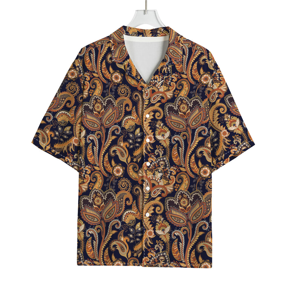 Gold And Blue Paisley Pattern Print Rayon Hawaiian Shirt