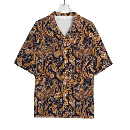 Gold And Blue Paisley Pattern Print Rayon Hawaiian Shirt