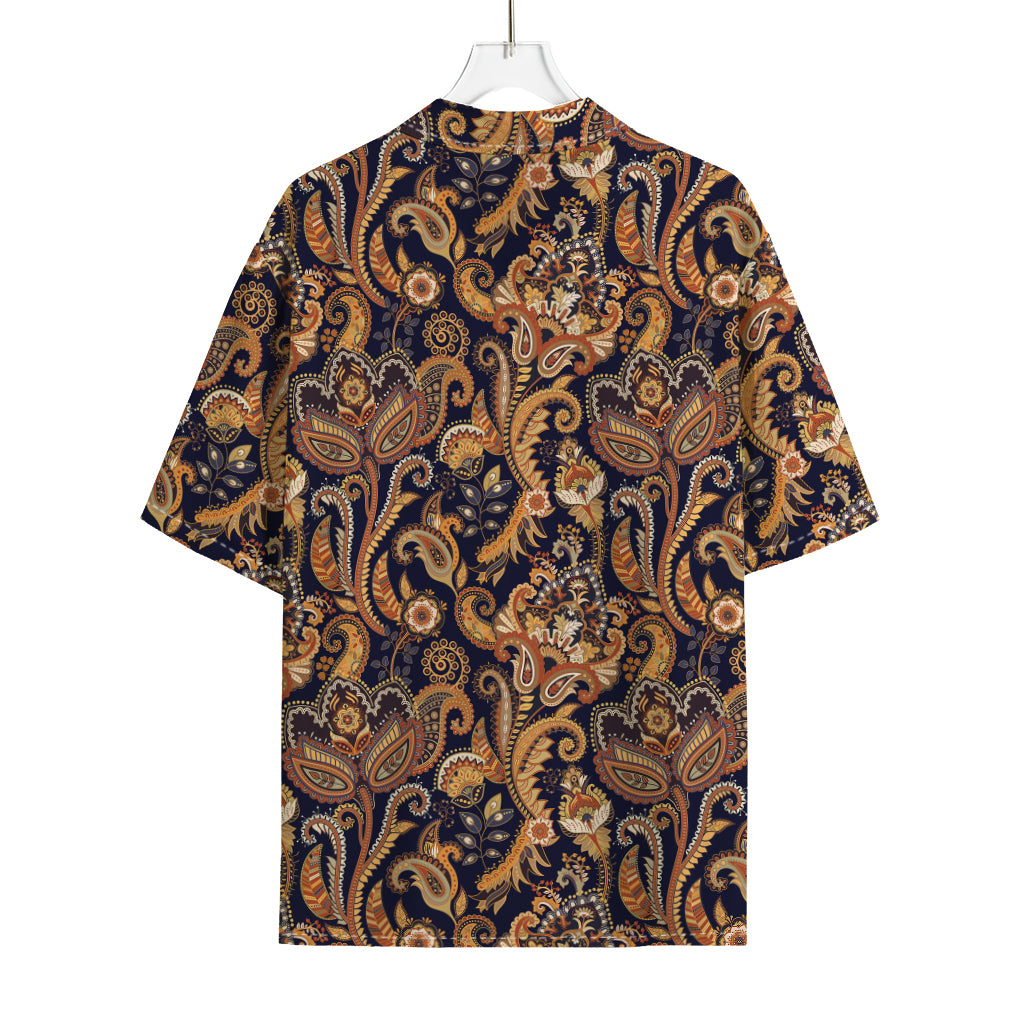 Gold And Blue Paisley Pattern Print Rayon Hawaiian Shirt