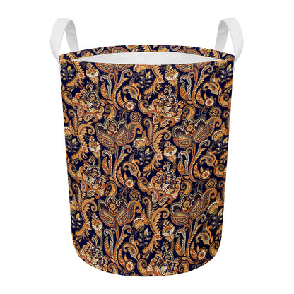 Gold And Blue Paisley Pattern Print Round Laundry Basket