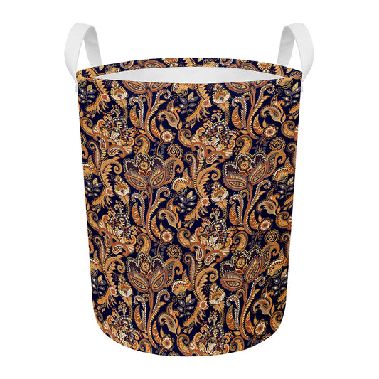 Gold And Blue Paisley Pattern Print Round Laundry Basket