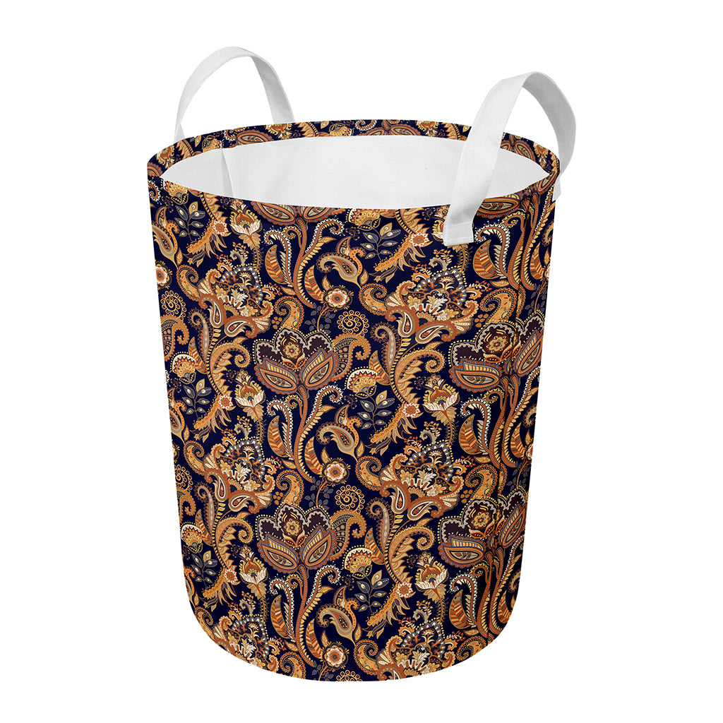 Gold And Blue Paisley Pattern Print Round Laundry Basket