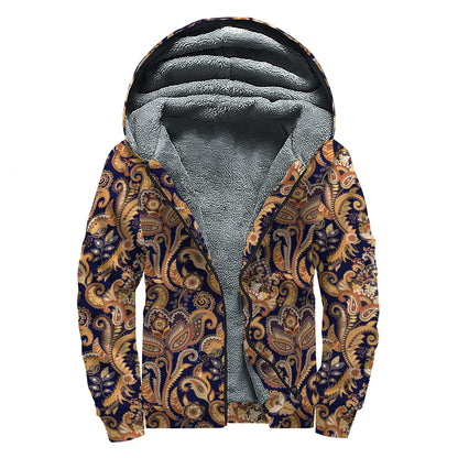 Gold And Blue Paisley Pattern Print Sherpa Lined Zip Up Hoodie