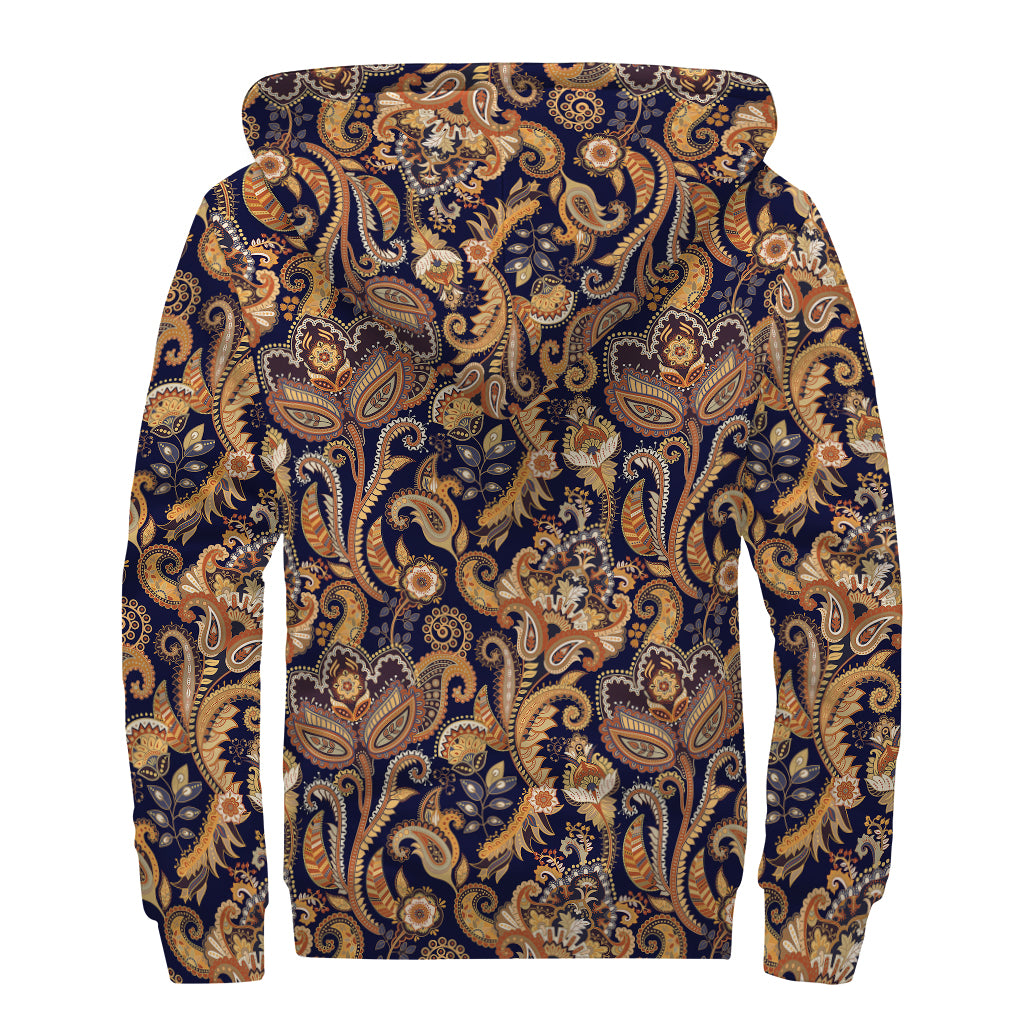 Gold And Blue Paisley Pattern Print Sherpa Lined Zip Up Hoodie