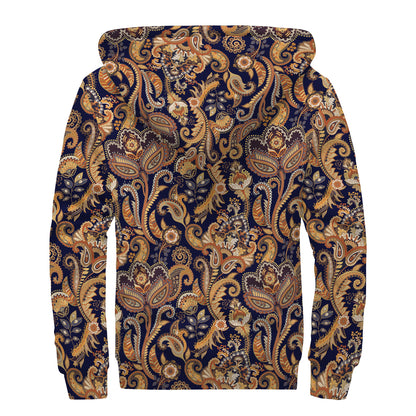 Gold And Blue Paisley Pattern Print Sherpa Lined Zip Up Hoodie