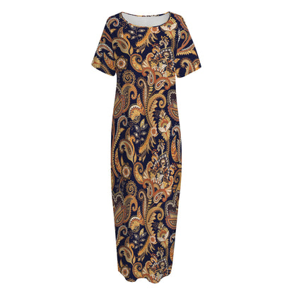 Gold And Blue Paisley Pattern Print Short Sleeve Long Nightdress
