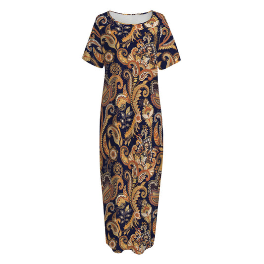 Gold And Blue Paisley Pattern Print Short Sleeve Long Nightdress