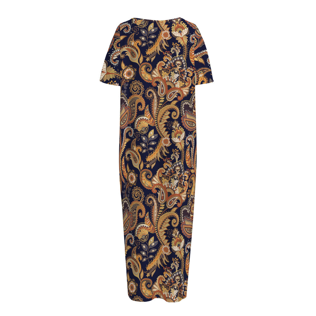 Gold And Blue Paisley Pattern Print Short Sleeve Long Nightdress