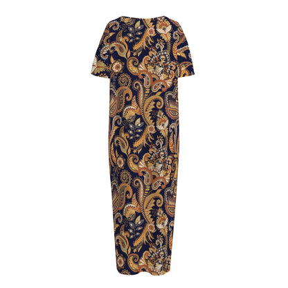Gold And Blue Paisley Pattern Print Short Sleeve Long Nightdress