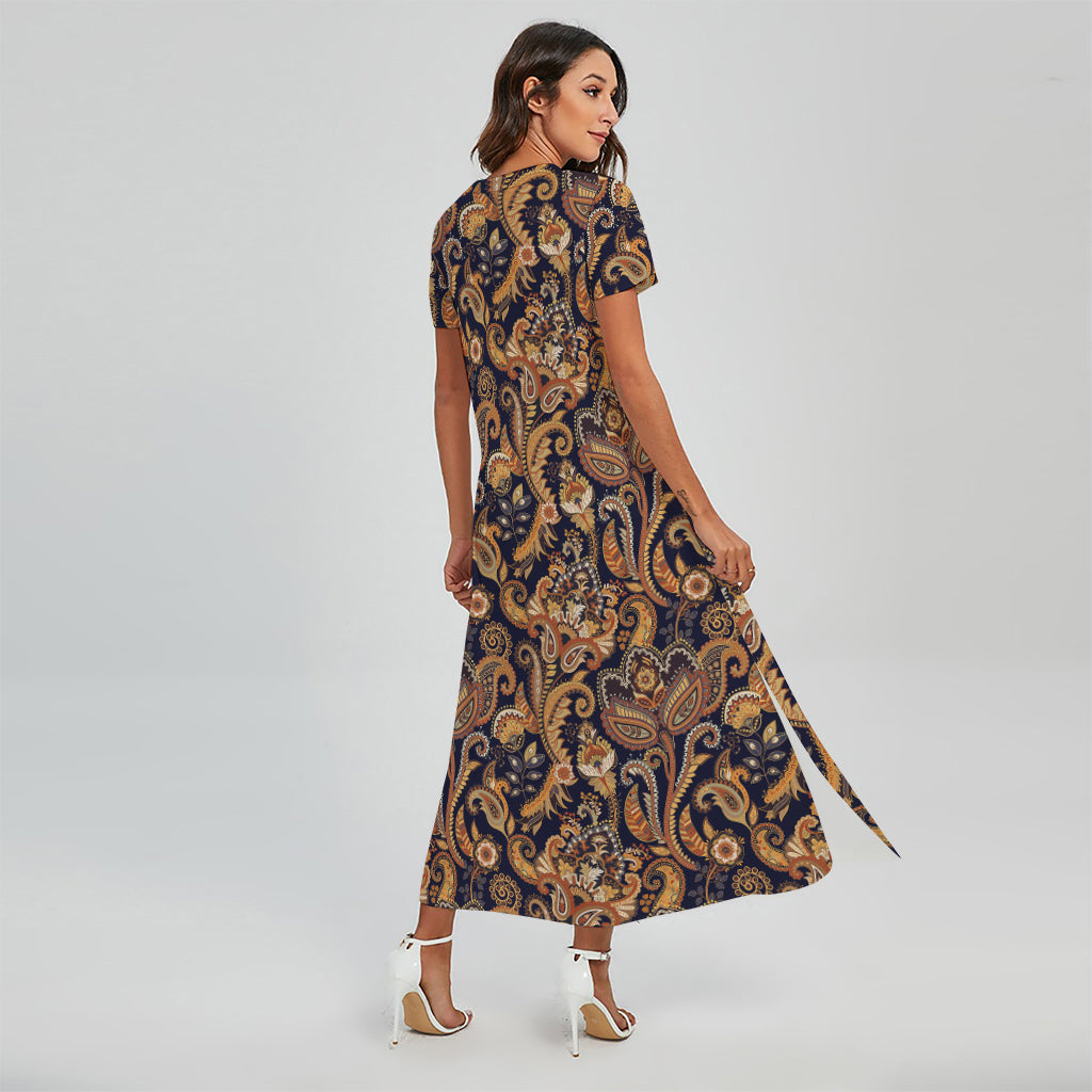 Gold And Blue Paisley Pattern Print Short Sleeve Maxi Dress