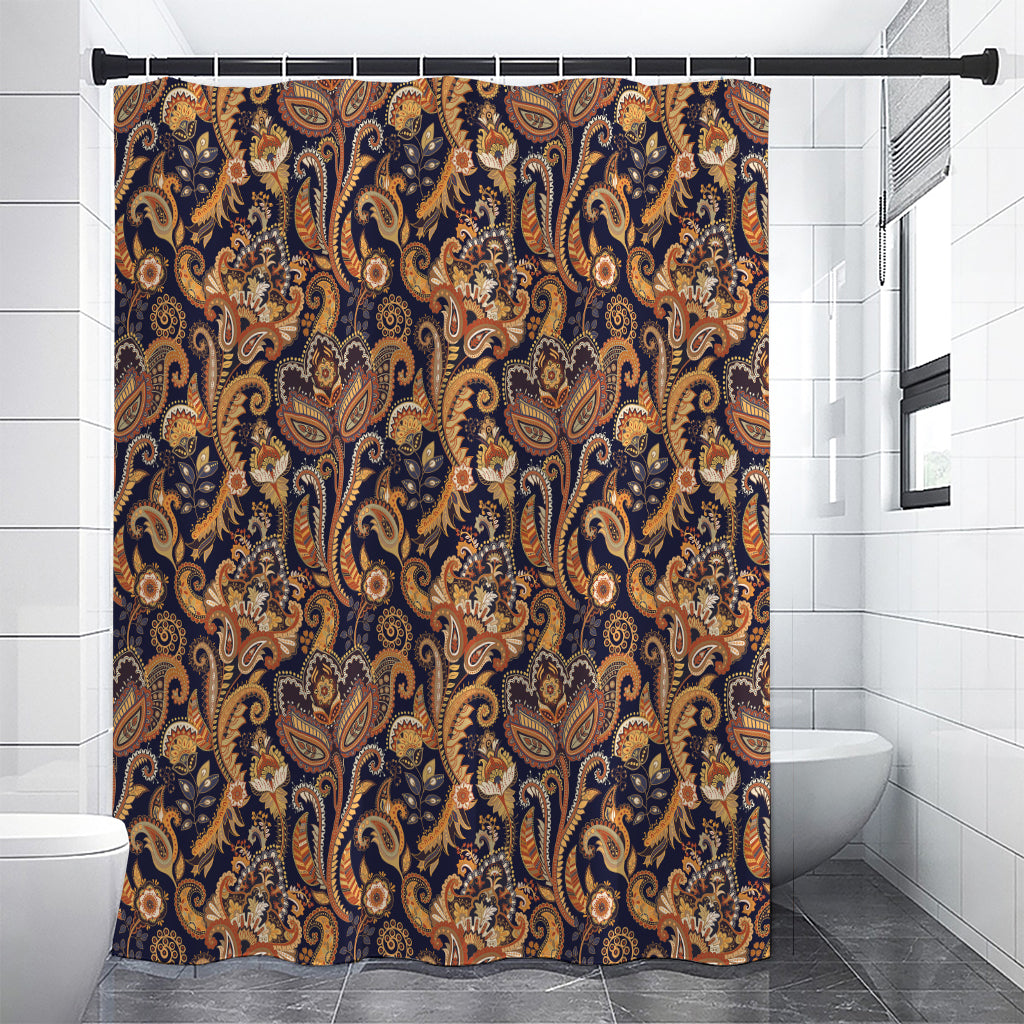 Gold And Blue Paisley Pattern Print Shower Curtain
