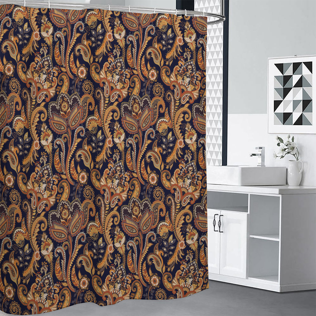 Gold And Blue Paisley Pattern Print Shower Curtain