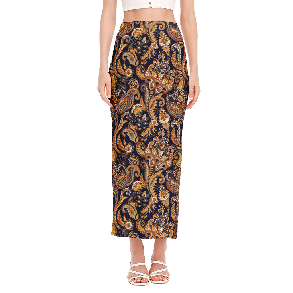 Gold And Blue Paisley Pattern Print Side Slit Maxi Skirt