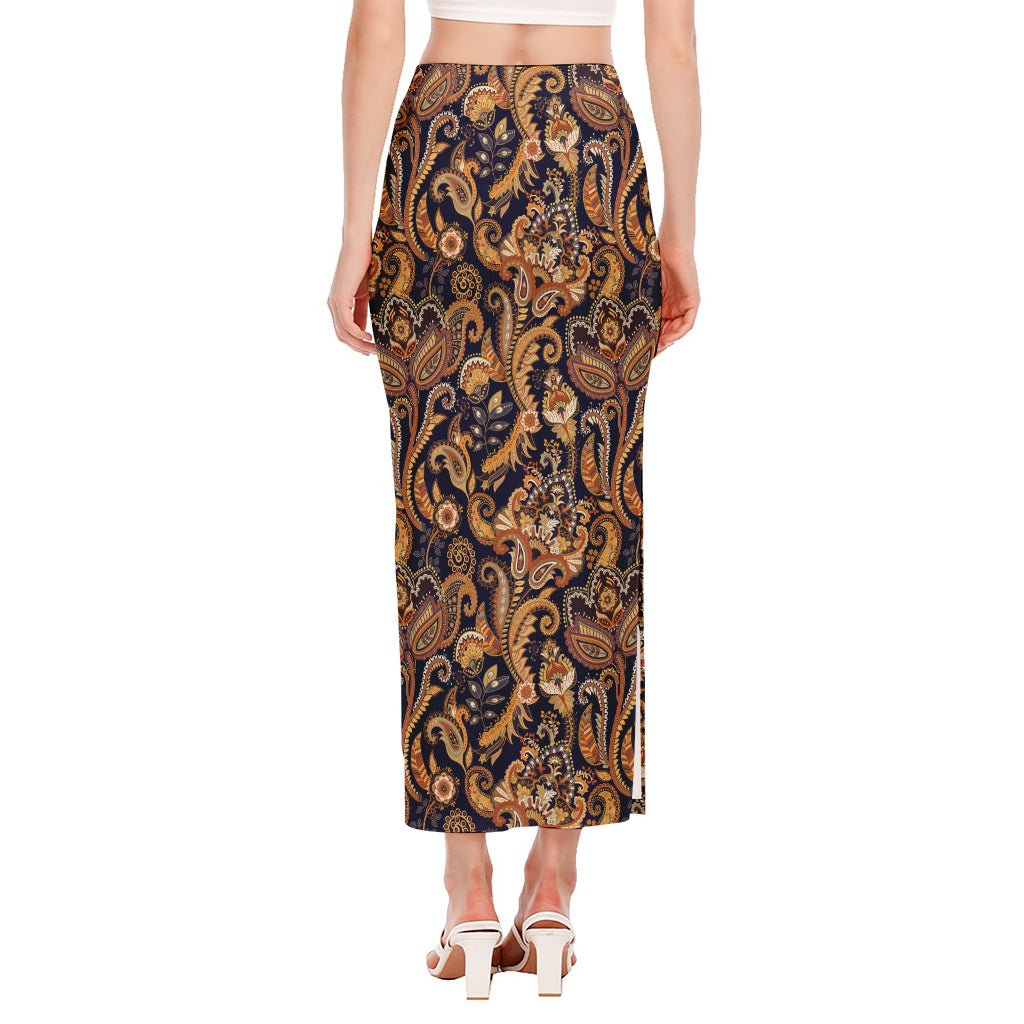Gold And Blue Paisley Pattern Print Side Slit Maxi Skirt