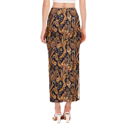 Gold And Blue Paisley Pattern Print Side Slit Maxi Skirt