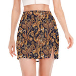 Gold And Blue Paisley Pattern Print Side Slit Mini Skirt