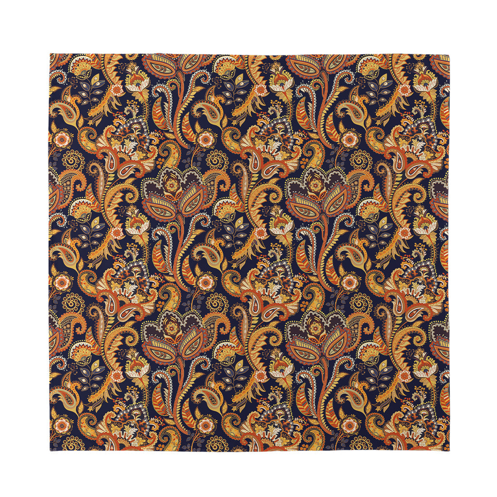 Gold And Blue Paisley Pattern Print Silk Bandana