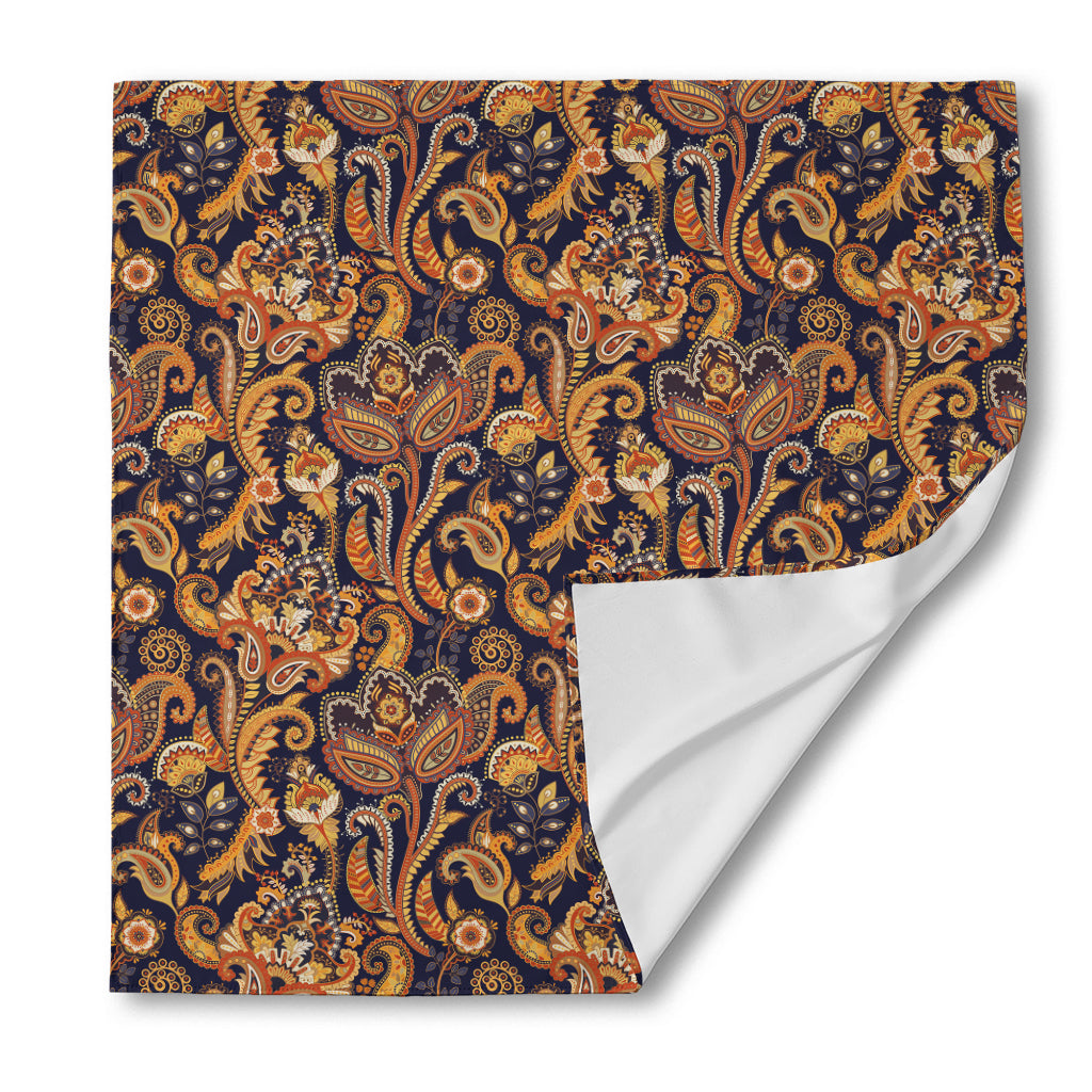 Gold And Blue Paisley Pattern Print Silk Bandana