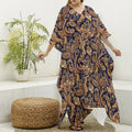 Gold And Blue Paisley Pattern Print Silk V-Neck Kaftan Dress