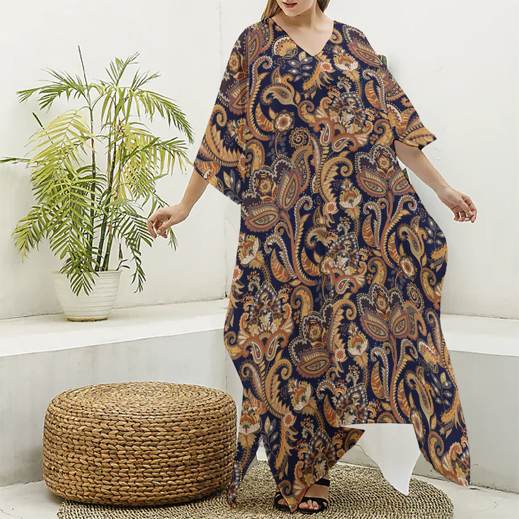 Gold And Blue Paisley Pattern Print Silk V-Neck Kaftan Dress