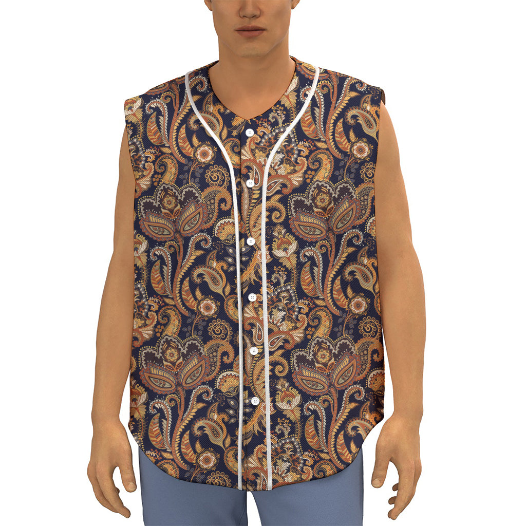 Gold And Blue Paisley Pattern Print Sleeveless Baseball Jersey