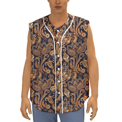 Gold And Blue Paisley Pattern Print Sleeveless Baseball Jersey