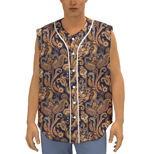 Gold And Blue Paisley Pattern Print Sleeveless Baseball Jersey