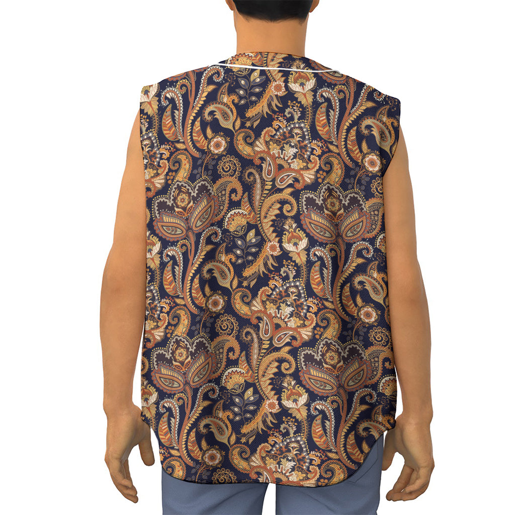 Gold And Blue Paisley Pattern Print Sleeveless Baseball Jersey