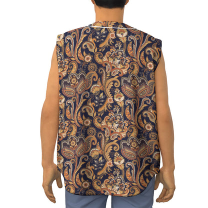 Gold And Blue Paisley Pattern Print Sleeveless Baseball Jersey