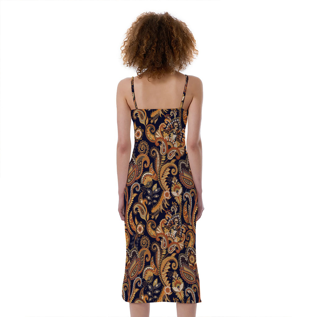 Gold And Blue Paisley Pattern Print Slim Fit Midi Cami Dress