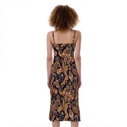 Gold And Blue Paisley Pattern Print Slim Fit Midi Cami Dress