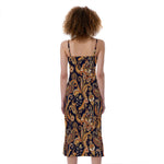 Gold And Blue Paisley Pattern Print Slim Fit Midi Cami Dress