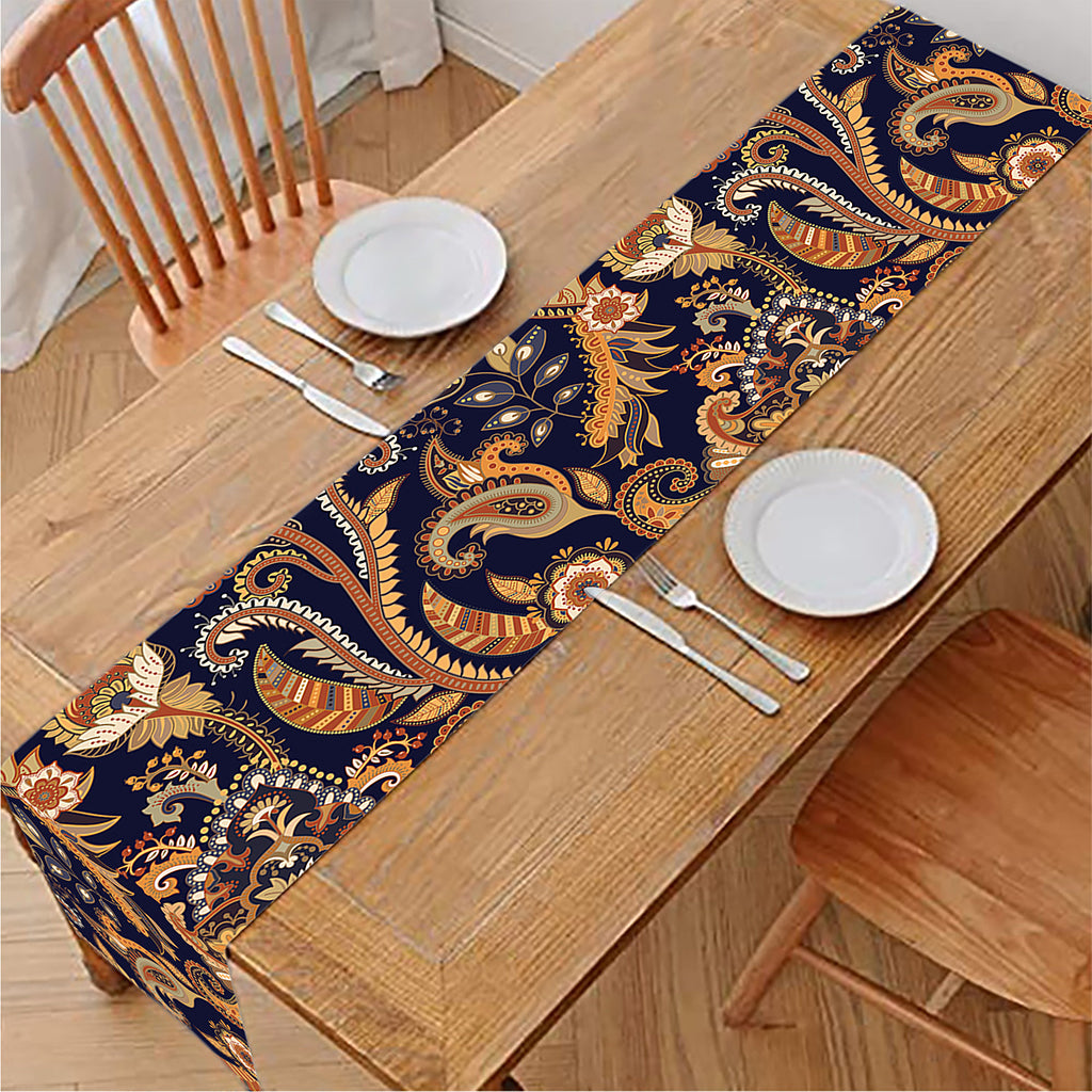 Gold And Blue Paisley Pattern Print Table Runner